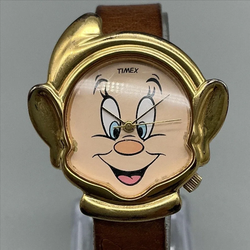 Vintage Timex Unisex Watch 33mm Dopey Disney Brown Leather Strap New Battery